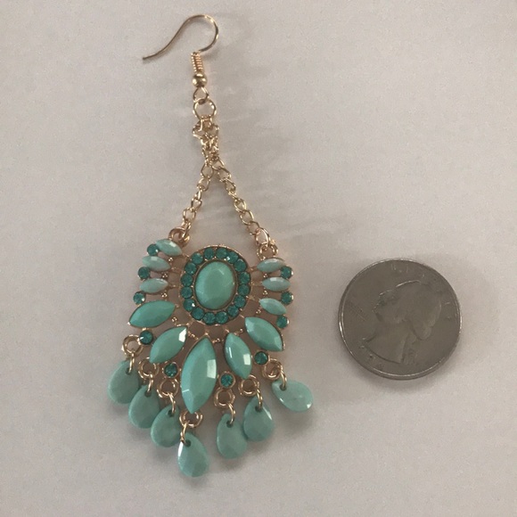 Gold Blue Stone Dangle Statement Earrings - Picture 2 of 2